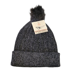 Isotoner Women's Chenille Knit Beanie with Faux Fur Pom NWT Black (C-48)